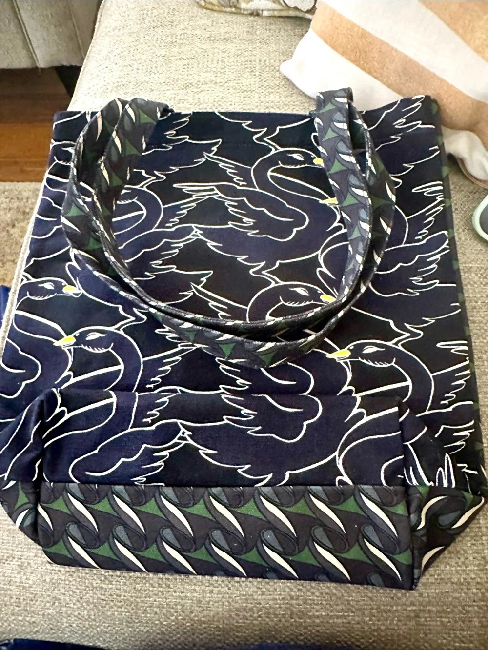 Tory Burch Black Patterned Tote with Multicolor Graphic Accents & Swan Print